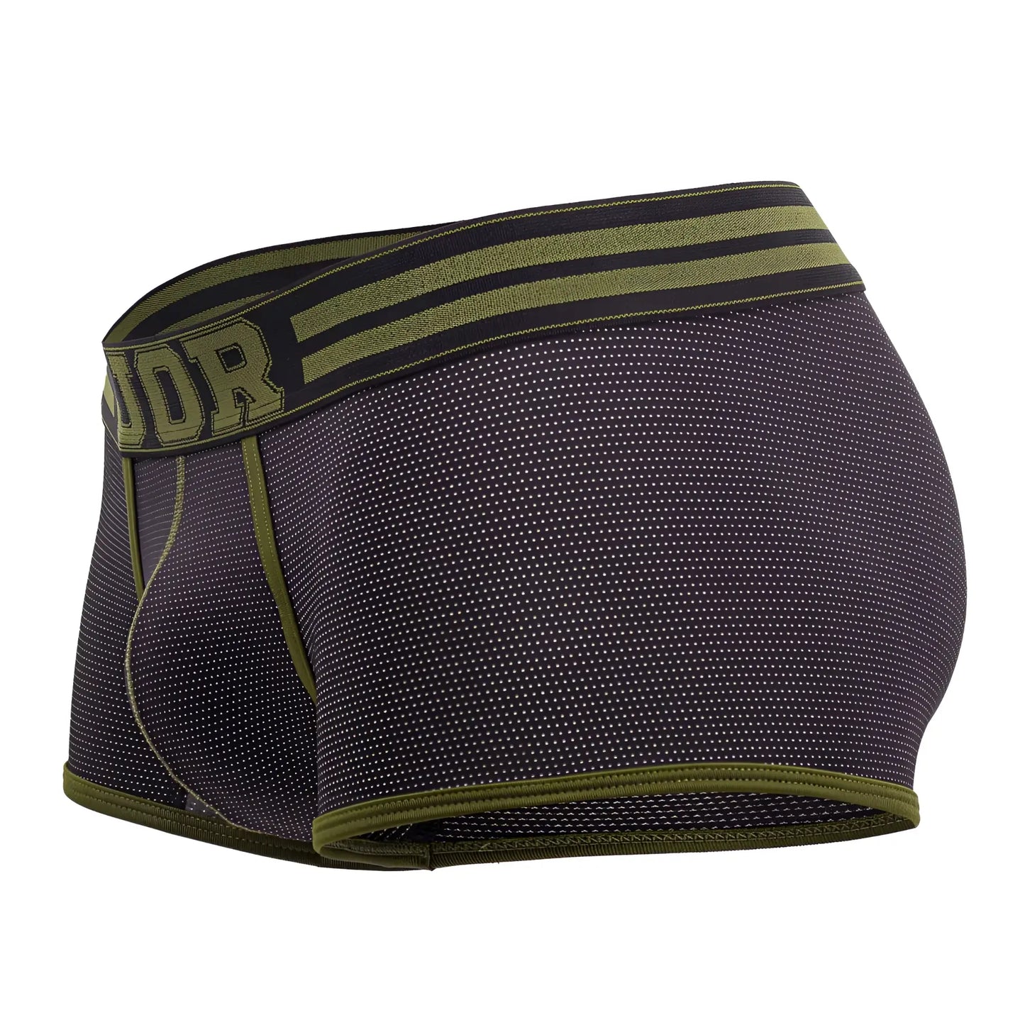 Dark gray boxer briefs with olive green trim and dotted texture featuring udr waistband in jor 2056 college trunks black