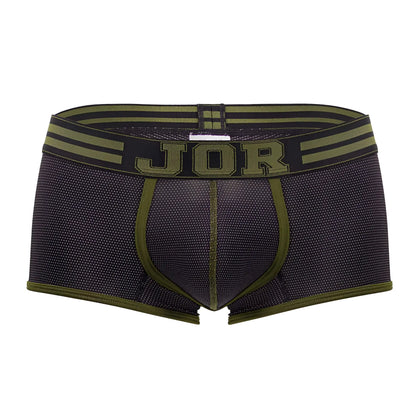 Black and olive green jor 2056 college trunks men’s boxer briefs with mesh texture and striped waistband