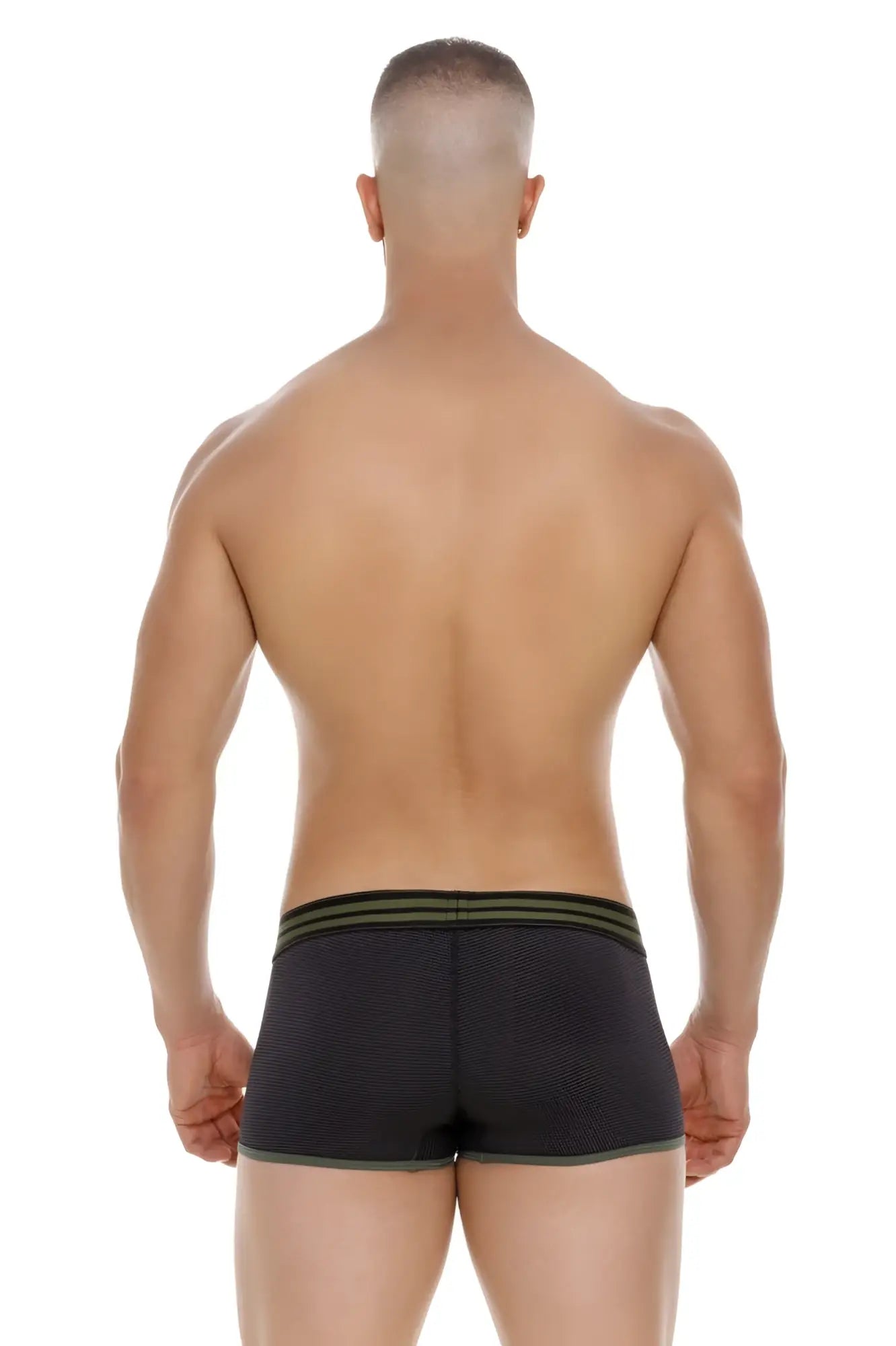 Black jor 2056 college trunks briefs with textured fabric olive green trim and three horizontal waistband stripes