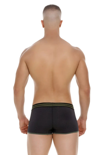 Black jor 2056 college trunks briefs with textured fabric olive green trim and three horizontal waistband stripes