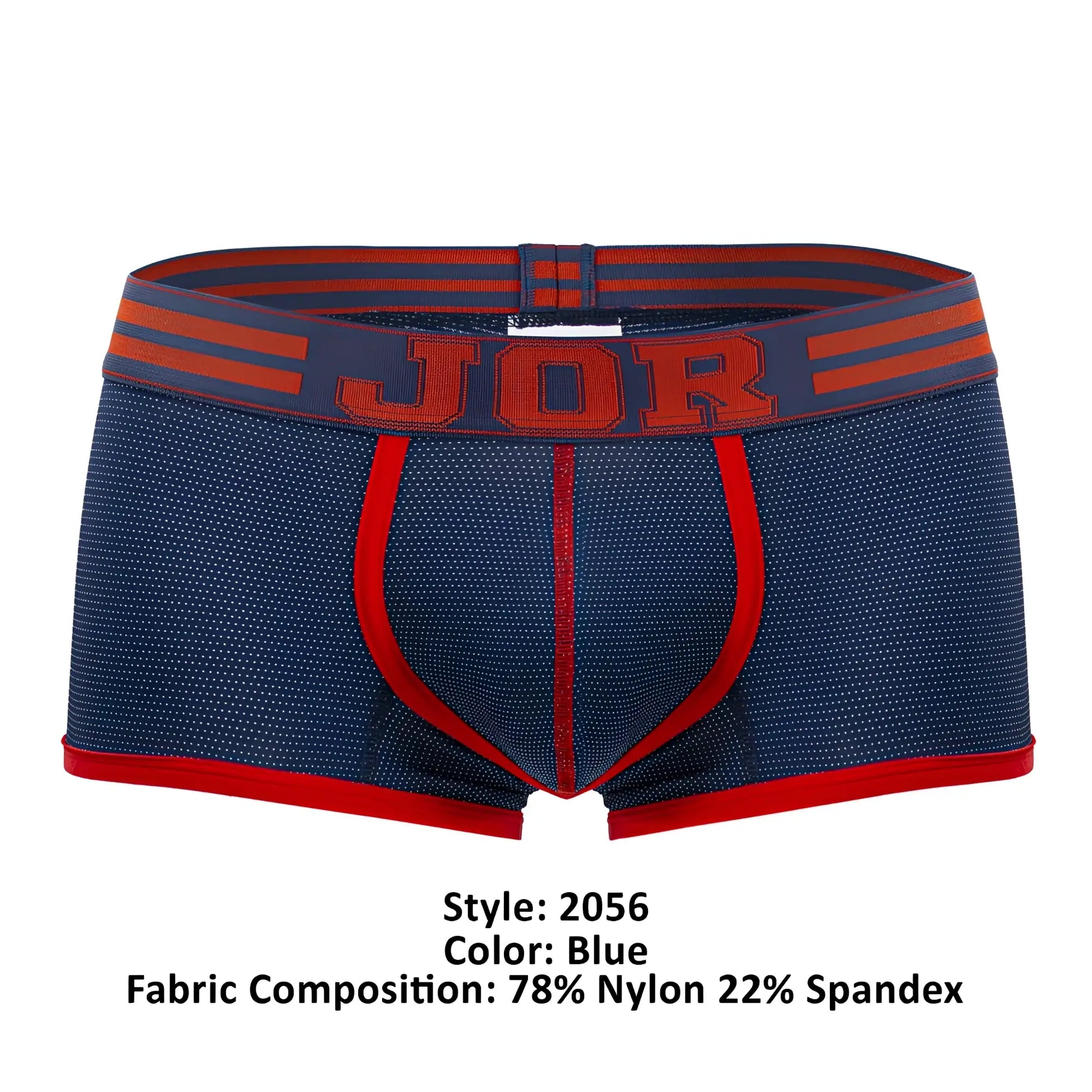Jor 2056 college trunks briefs in blue with red trim made of 78% nylon and 22% spandex textured fabric