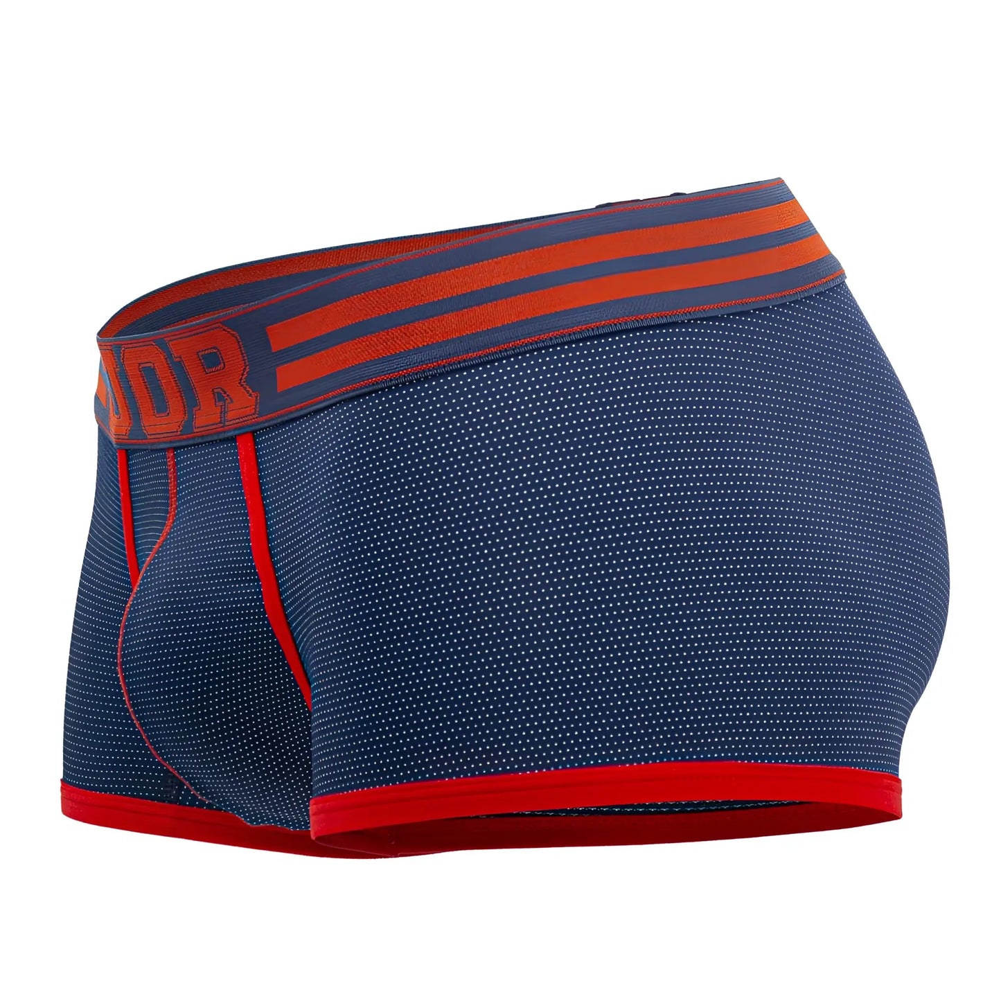 Navy blue jor 2056 college trunks boxer briefs with red trim and an orange branded waistband front view