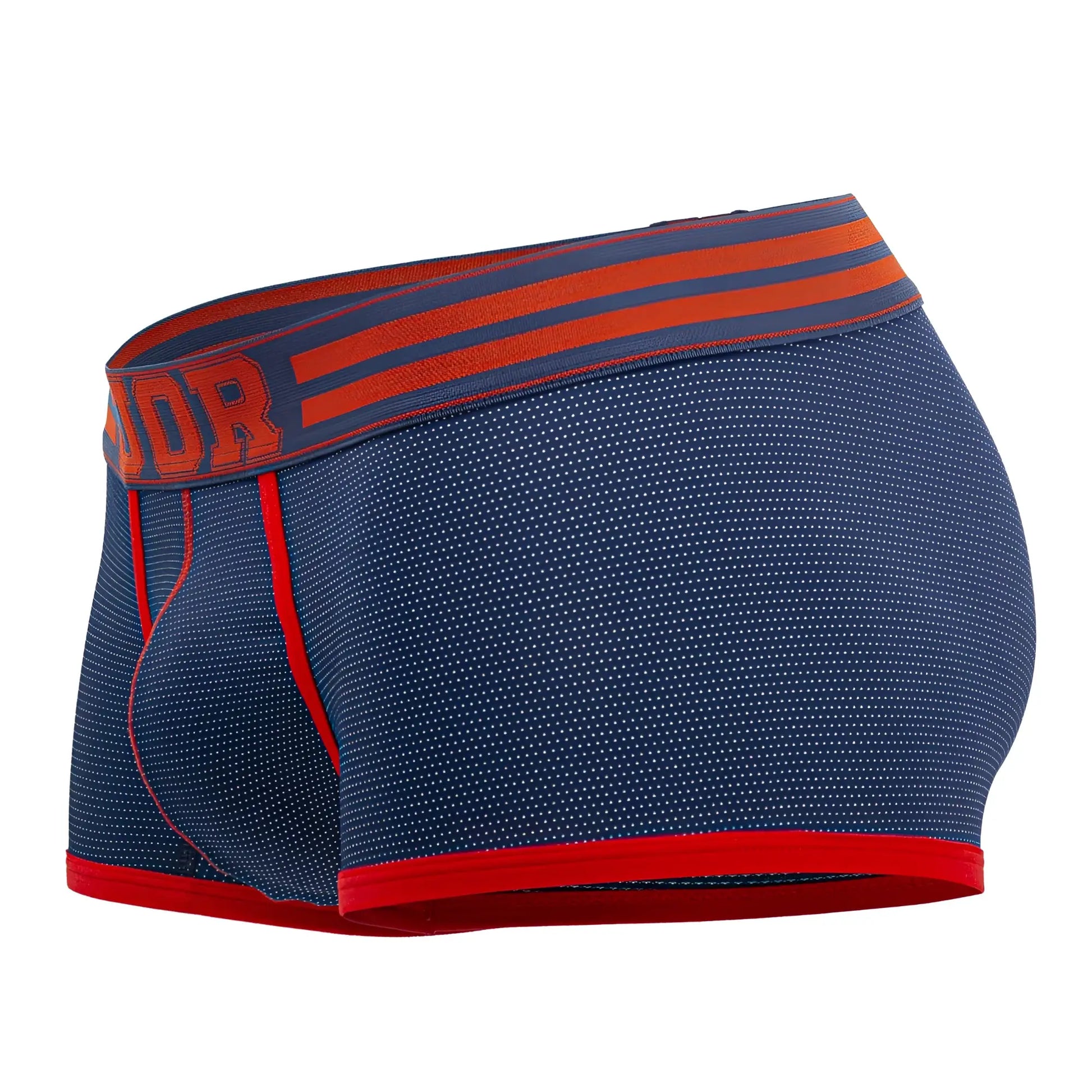 Navy blue jor 2056 college trunks boxer briefs with red trim and an orange branded waistband front view