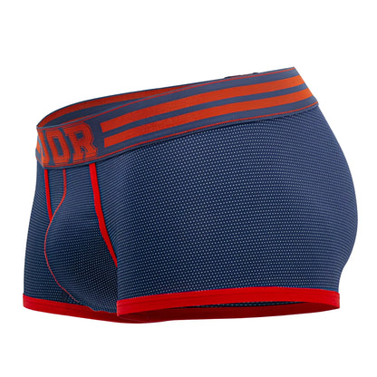 Navy blue jor 2056 college trunks boxer briefs with red trim and an orange branded waistband front view