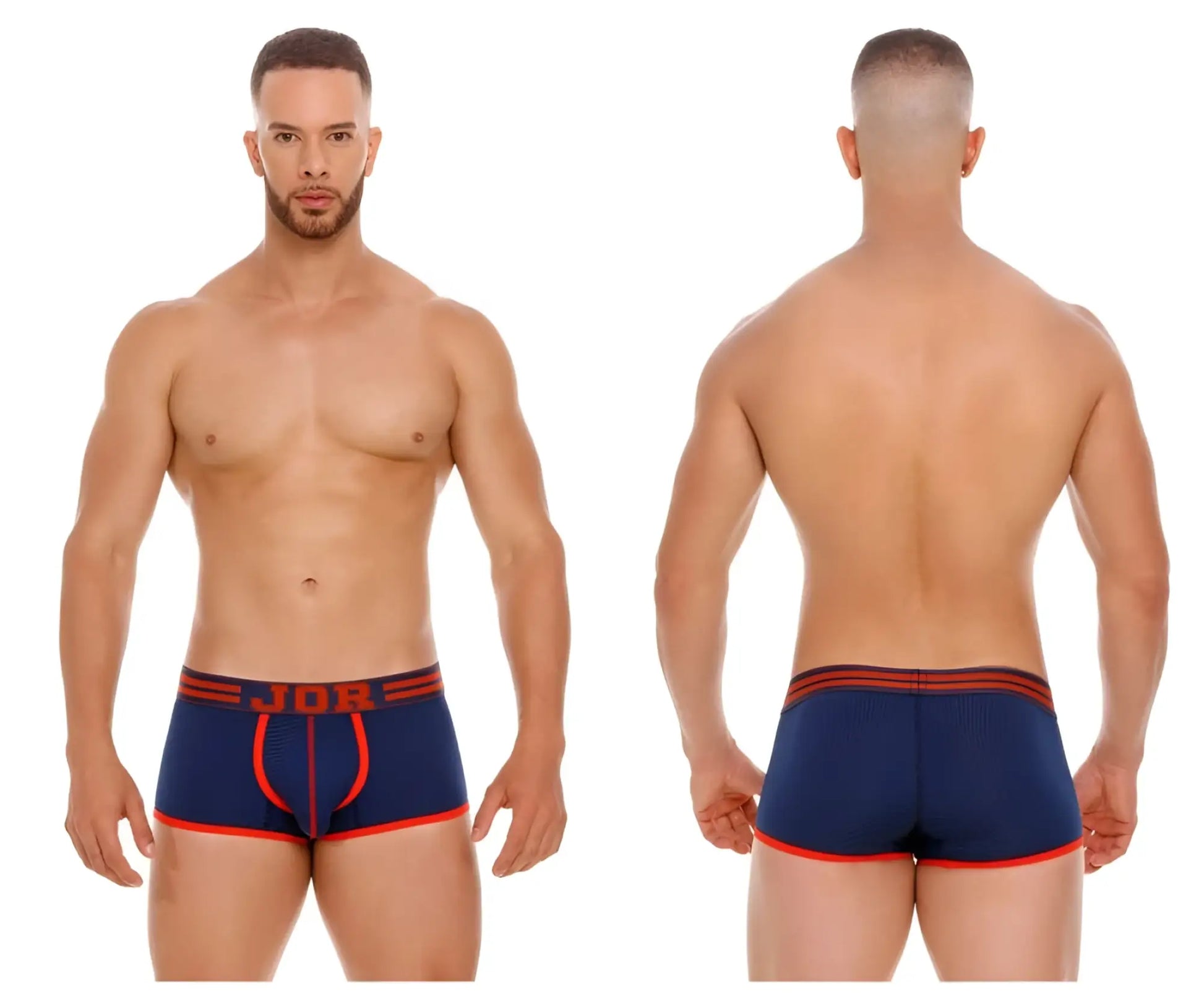 Navy blue and orange JOR 2056 college trunks with textured fabric and bold red trim athletic briefs
