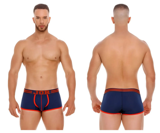 Navy blue and orange JOR 2056 college trunks with textured fabric and bold red trim athletic briefs