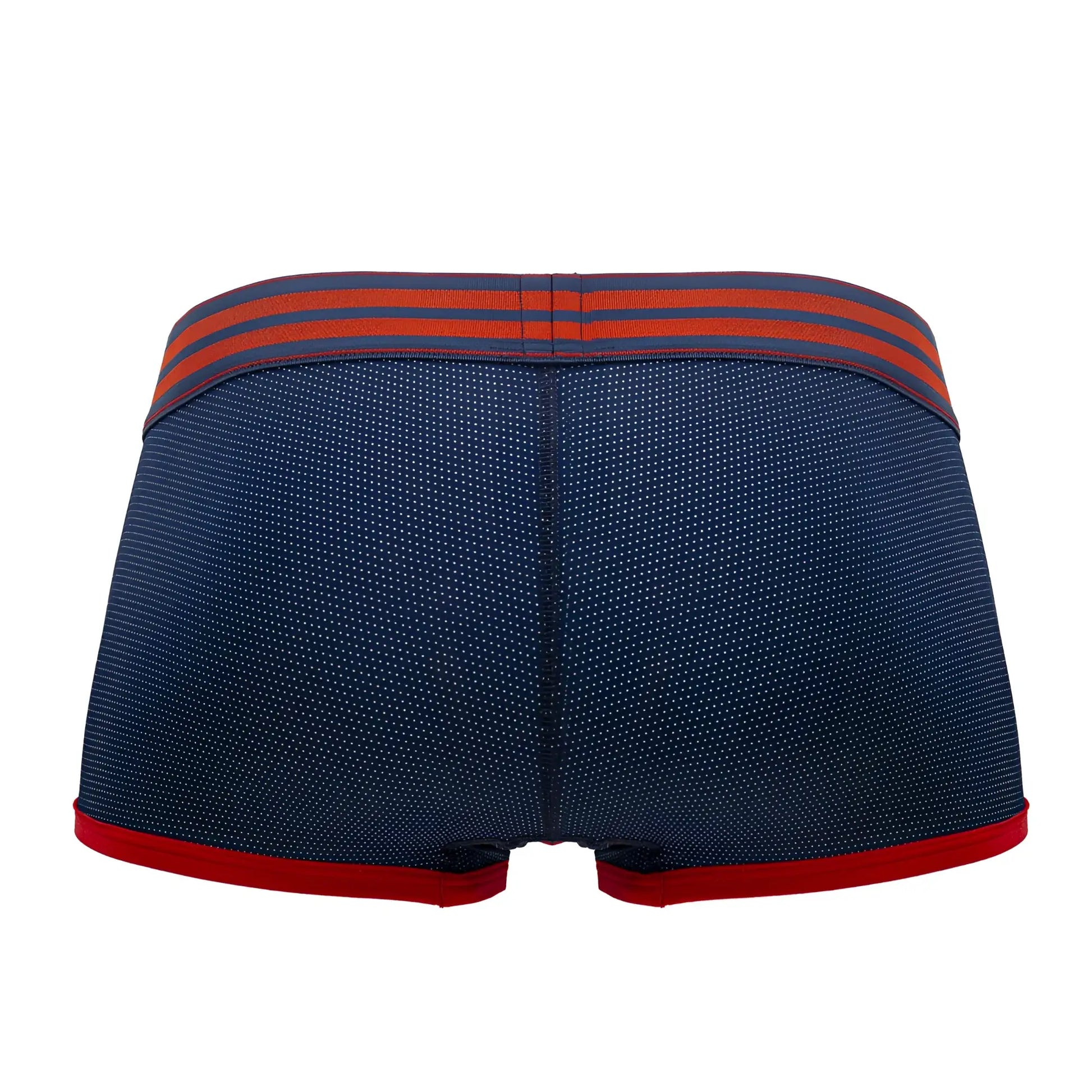 Navy blue jor 2056 college trunks briefs with red trim and subtle white dot pattern on fabric front view
