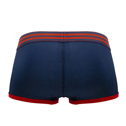 Navy blue jor 2056 college trunks briefs with red trim and subtle white dot pattern on fabric front view