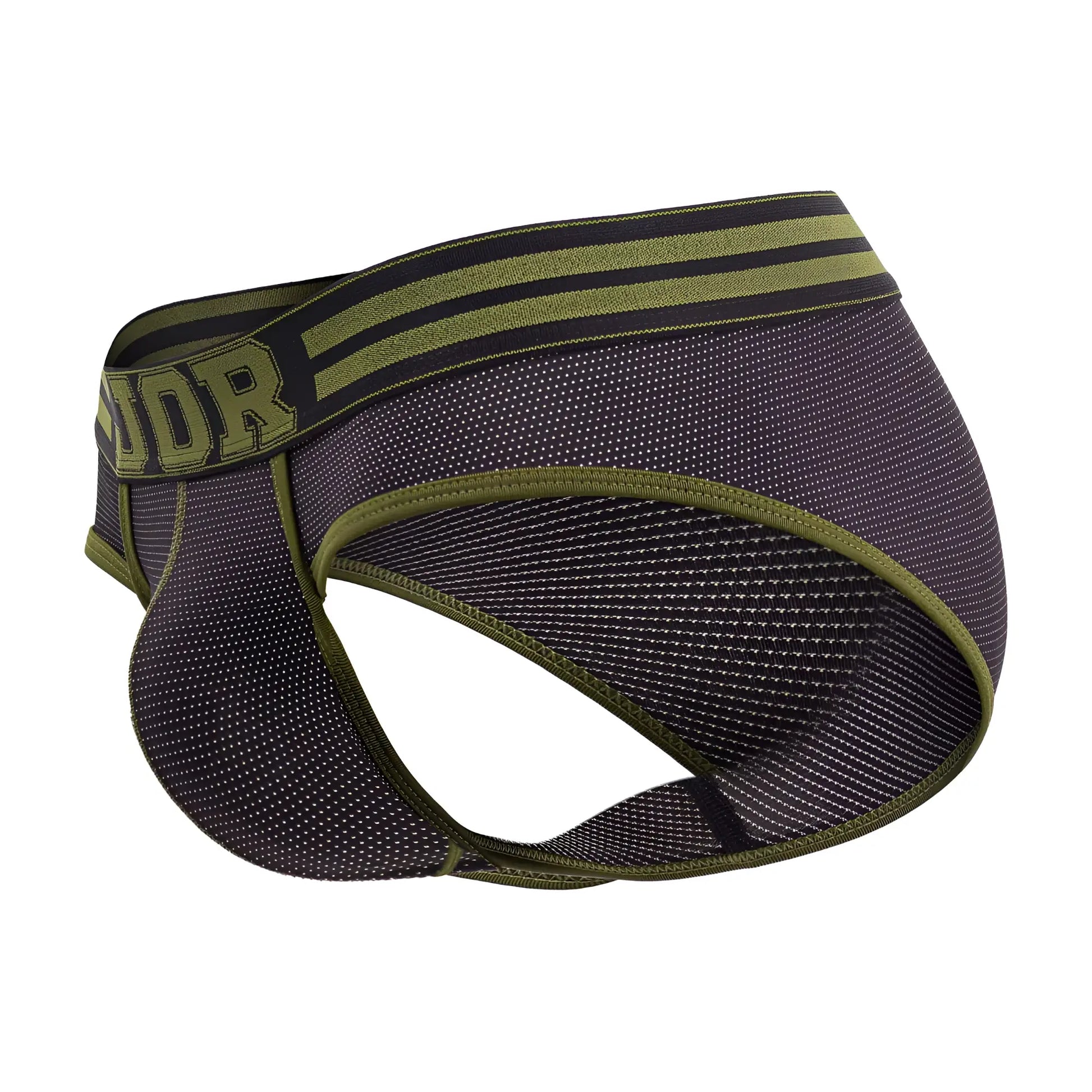 Dark olive and black mesh jor 2057 college briefs with a bold green stripe waistband and dor logo