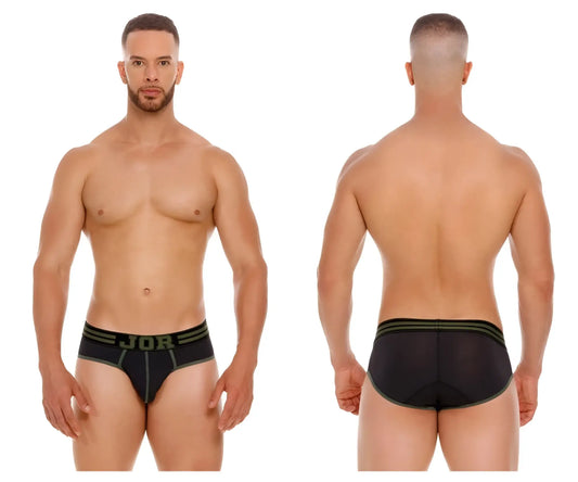 Black jor 2057 college briefs featuring olive green trim and textured mesh fabric for breathable comfort