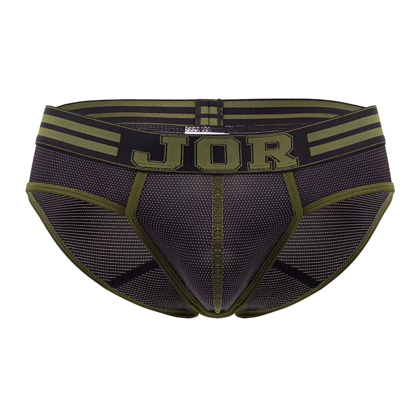 Jor 2057 college briefs in olive green and black mesh with bold jor logo on waistband front view