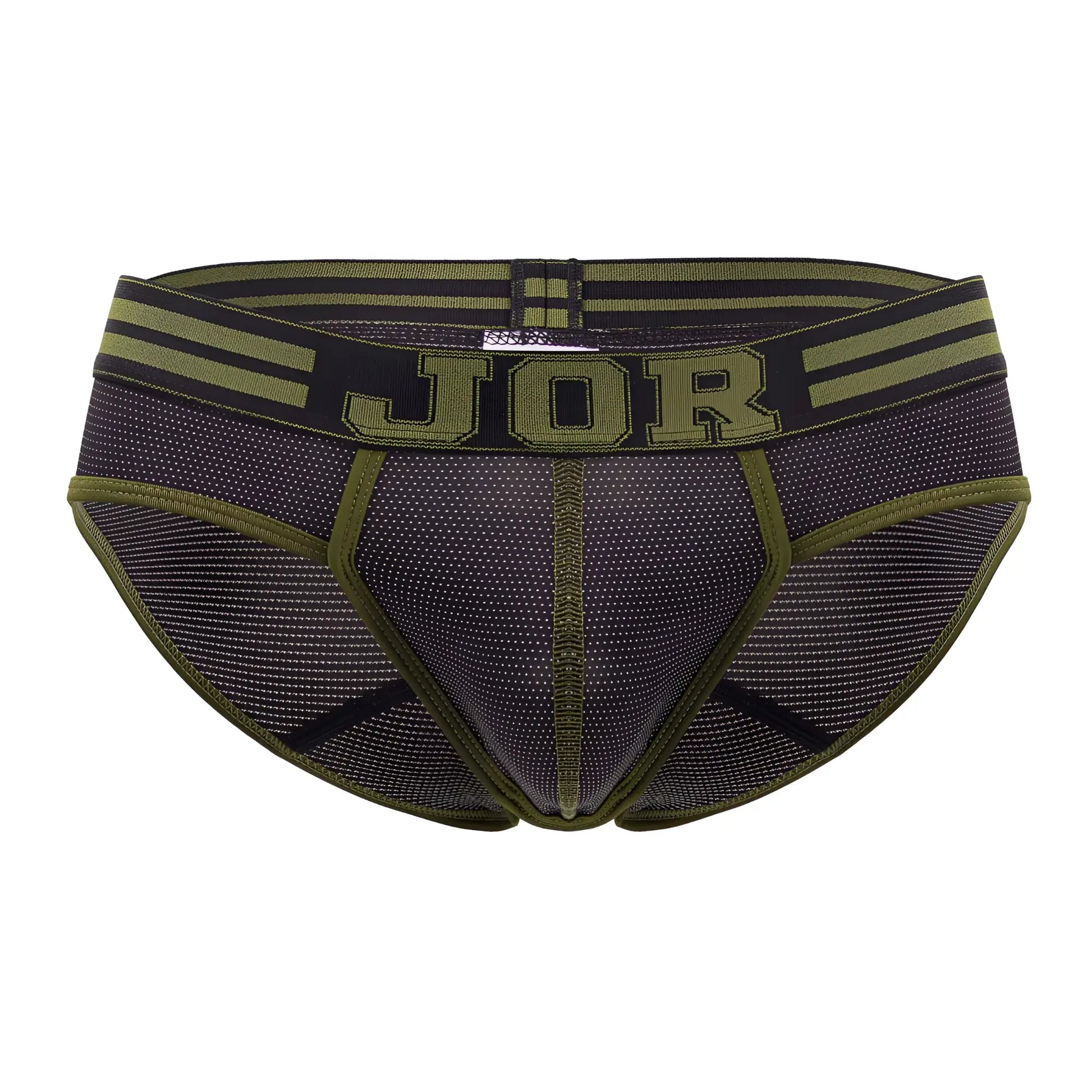Jor 2057 college briefs in olive green and black mesh with bold jor logo on waistband front view