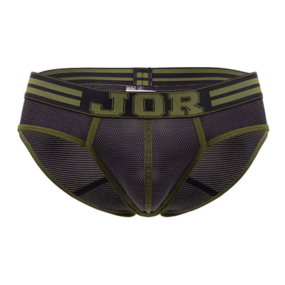 Jor 2057 college briefs in olive green and black mesh with bold jor logo on waistband front view