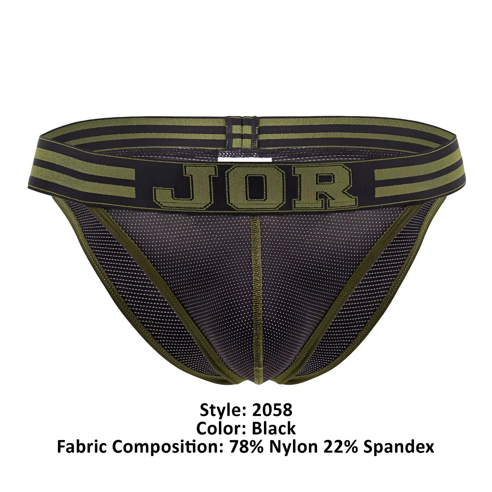 Black jor 2058 college bikini briefs with olive green striped waistband made of breathable mesh fabric