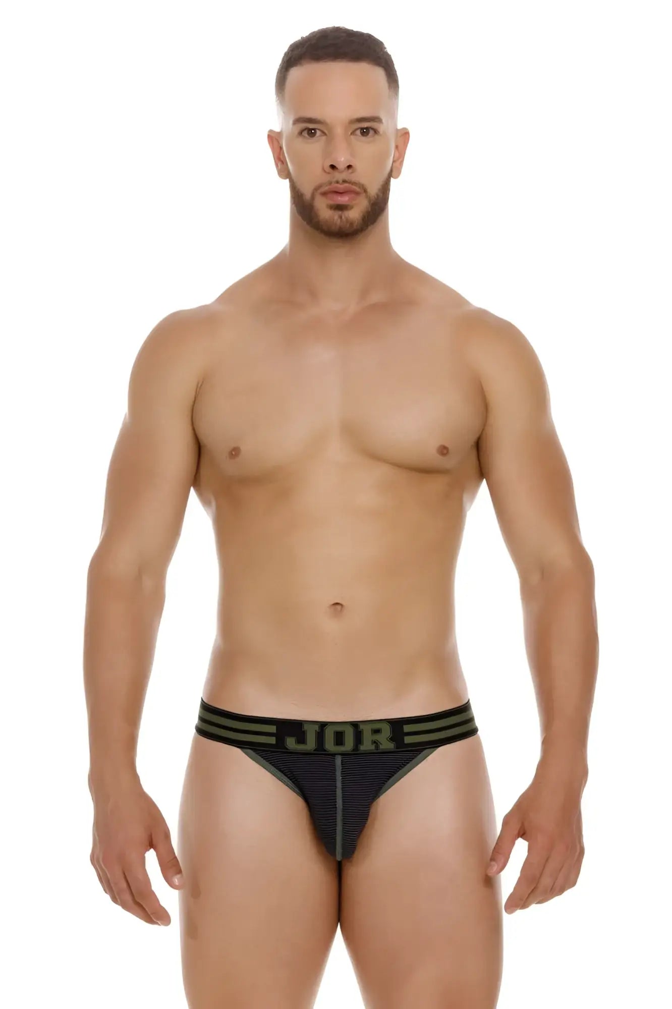 Black jor 2058 college bikini brief with olive green stripes and lettering for comfortable everyday wear