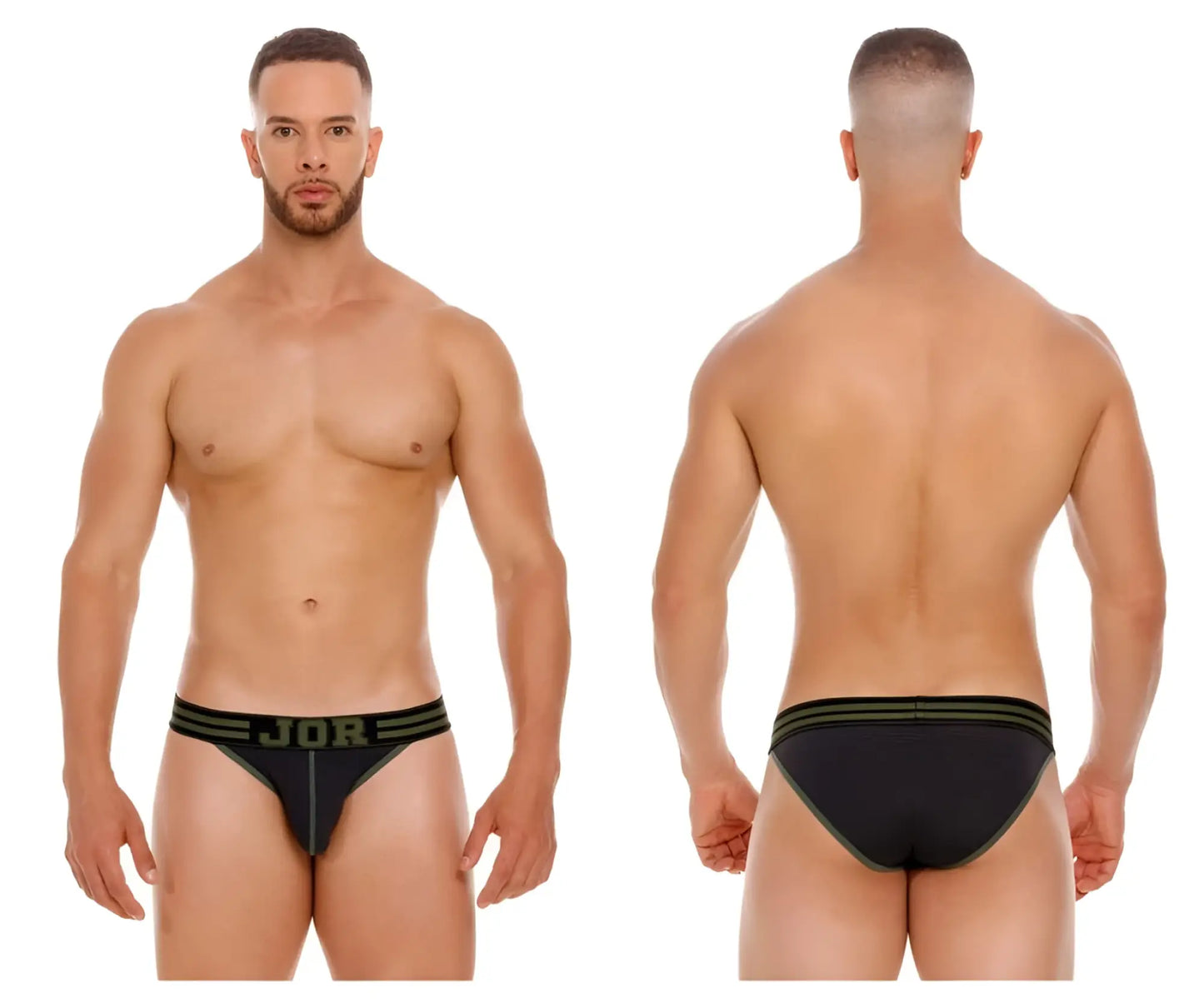 Black JOR 2058 college bikini briefs with olive green striped waistband and textured fabric front view