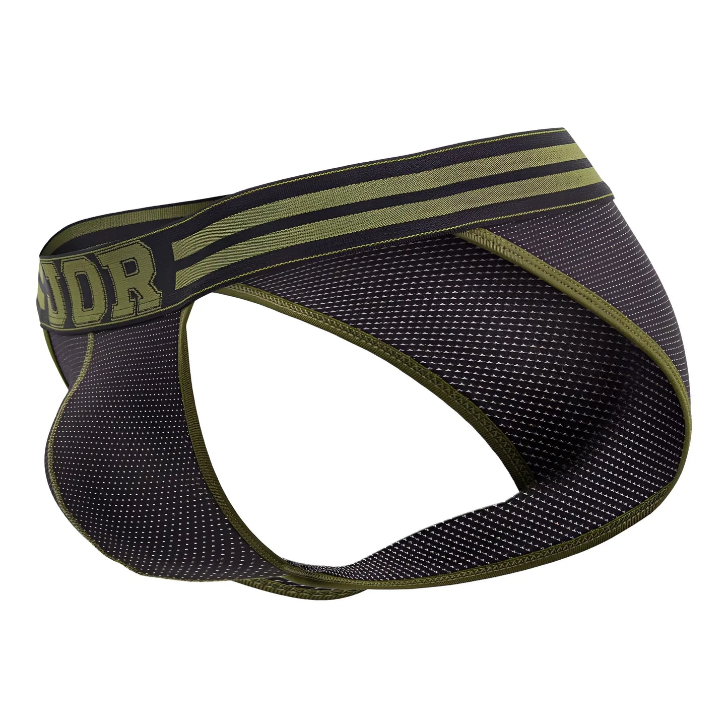 Black and olive green mesh briefs with branded waistband jor 2058 college bikini front view