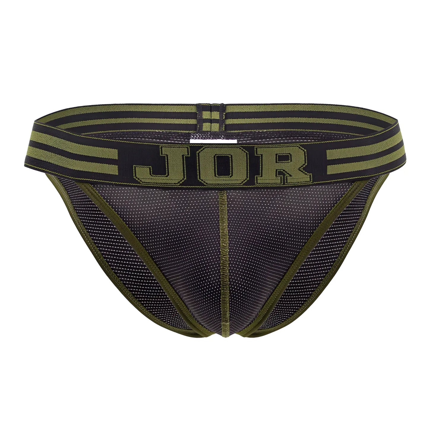 Olive green and black mesh briefs with a striped waistband featuring the jor logo in the jor 2058 college bikini color black