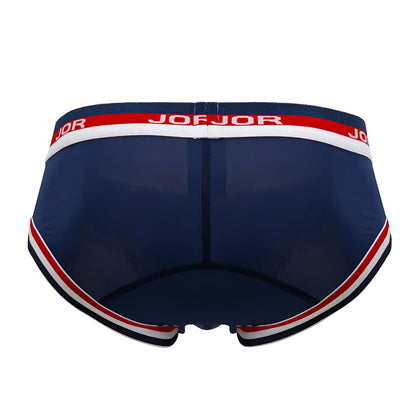 Navy blue joejor mesh briefs with red and white striped trim and branded waistband in JOR 2062 sailor style