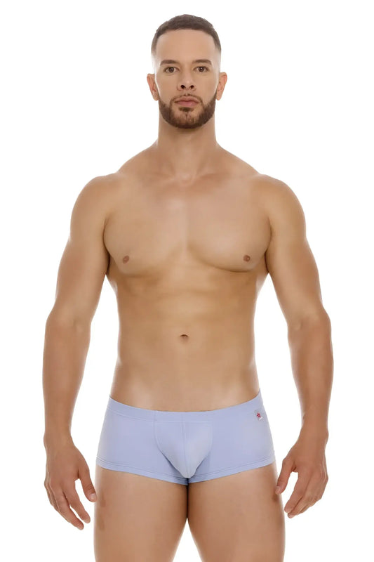 Light blue form-fitting men’s briefs jor 2069 orion trunks with subtle red logo on waistband front view