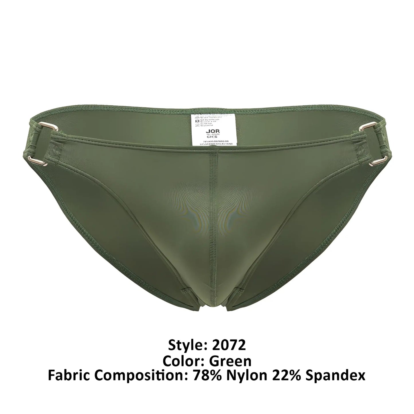 Olive green jor 2072 titan bikini men’s briefs with metallic silver belt loops made of 78 nylon 22 spandex