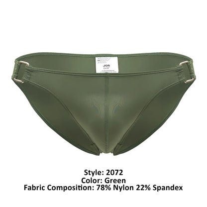 Olive green jor 2072 titan bikini men’s briefs with metallic silver belt loops made of 78 nylon 22 spandex