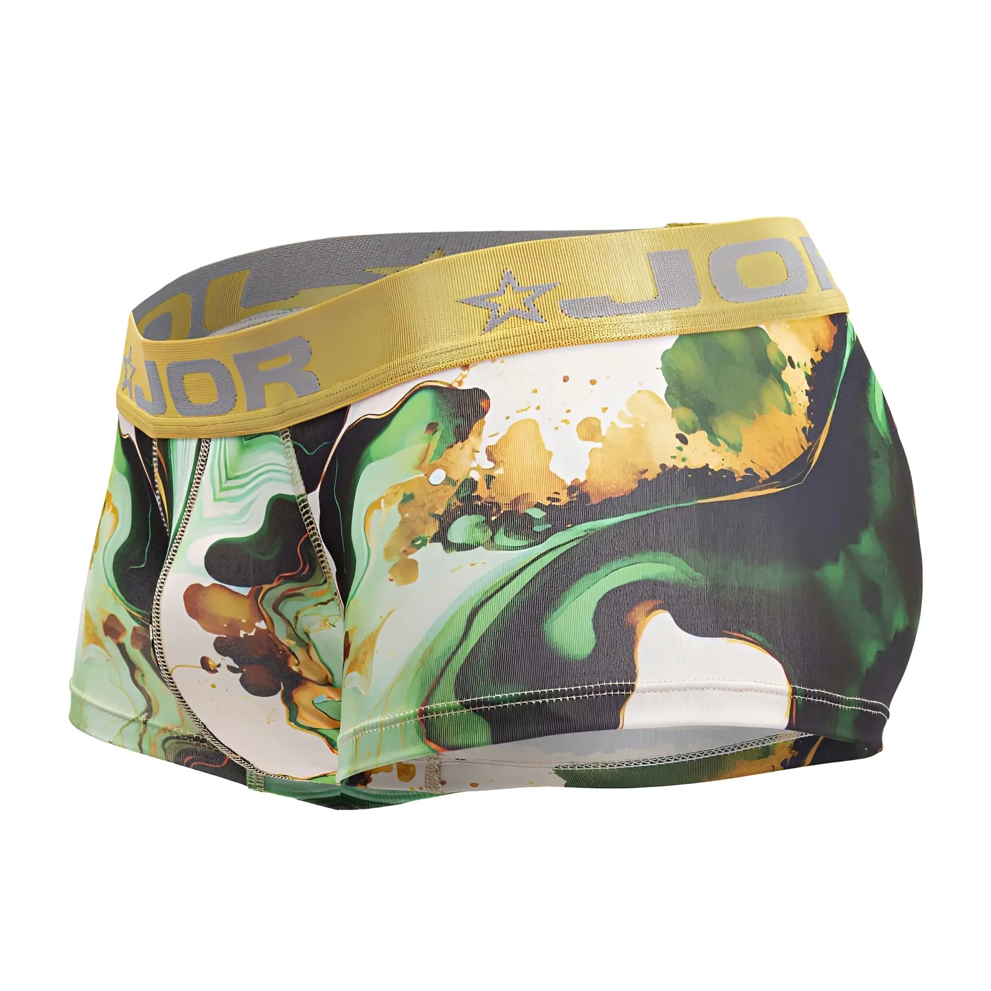 Men’s boxer briefs jor 2080 dublin trunks with green and gold paint-splatter pattern and yellow jor waistband