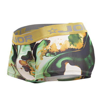 Men’s boxer briefs jor 2080 dublin trunks with green and gold paint-splatter pattern and yellow jor waistband