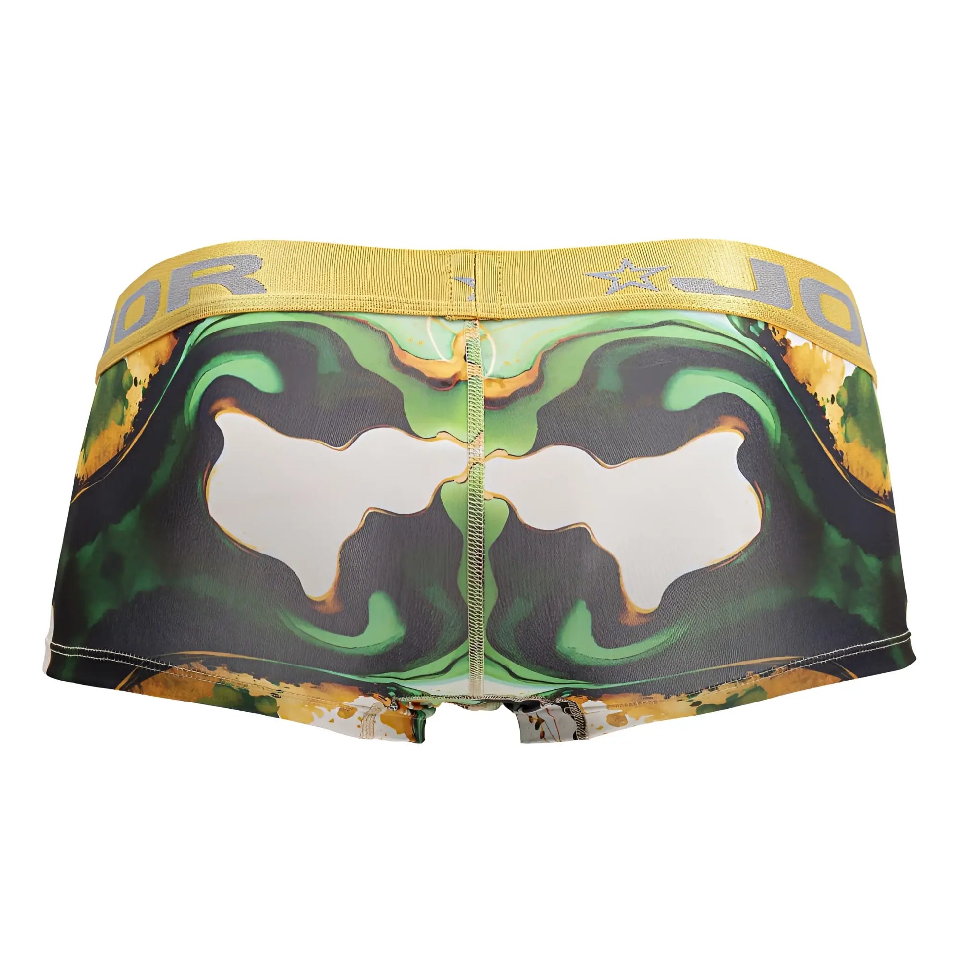 Green and gold abstract patterned jor 2080 dublin trunks men’s briefs with a yellow elastic waistband