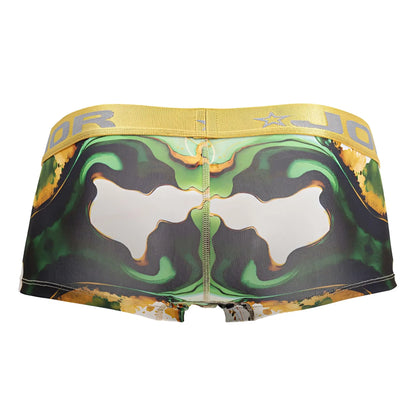 Green and gold abstract patterned jor 2080 dublin trunks men’s briefs with a yellow elastic waistband