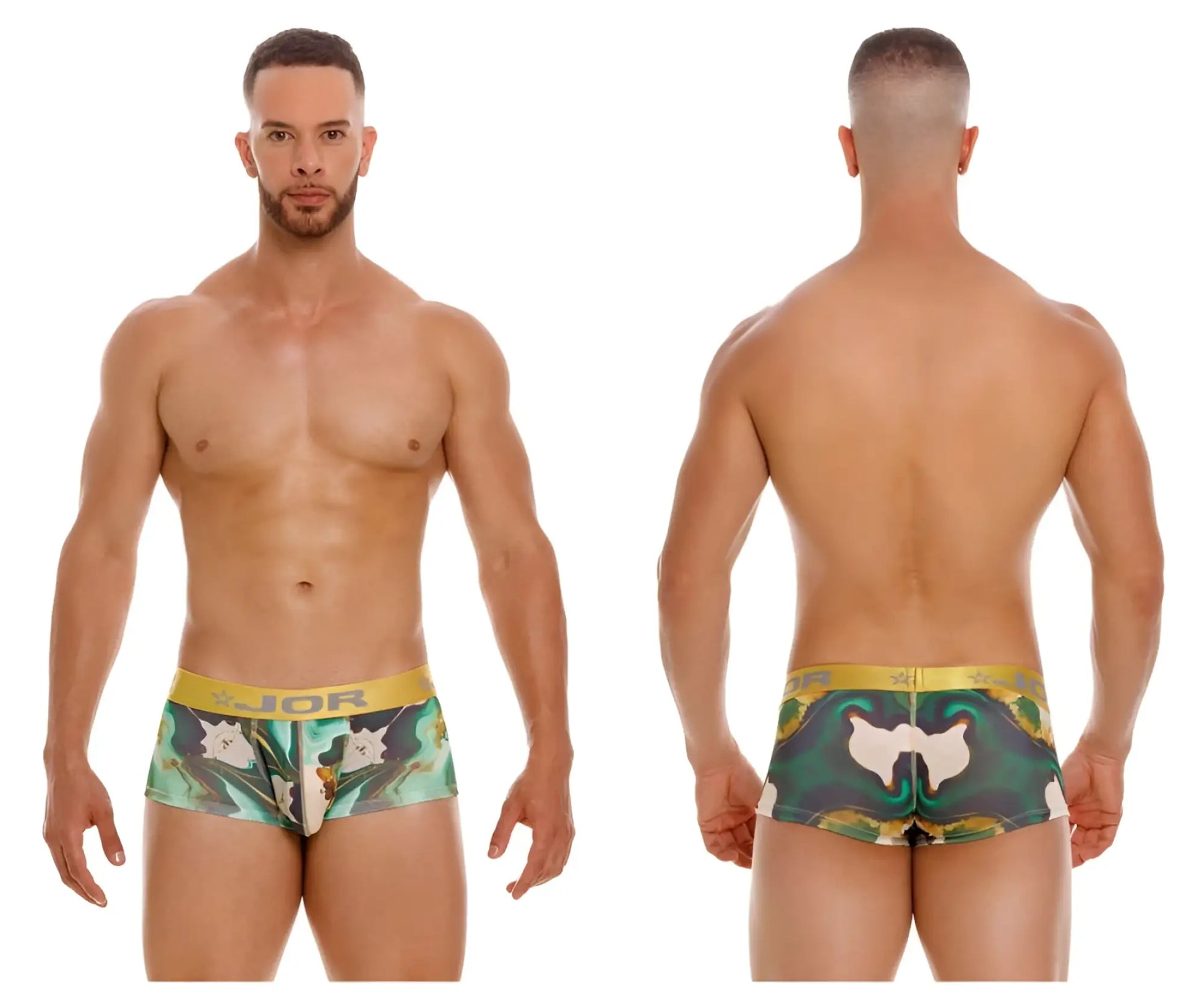 Green and white patterned boxer briefs with gold jor logo waistband in jor 2080 dublin trunks color printed design