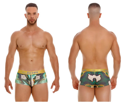 Green and white patterned boxer briefs with gold jor logo waistband in jor 2080 dublin trunks color printed design