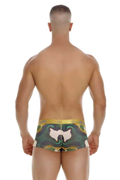 Back side of green and yellow camouflage jor 2080 dublin trunks with white abstract design on printed briefs