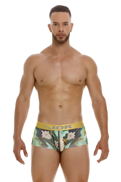Men’s jor 2080 dublin trunks tropical print briefs with yellow waistband and green white black floral design