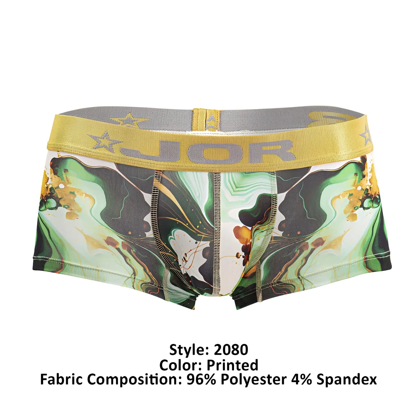 Printed men’s briefs jor 2080 dublin trunks with green black gold marbled pattern and yellow jor logo waistband