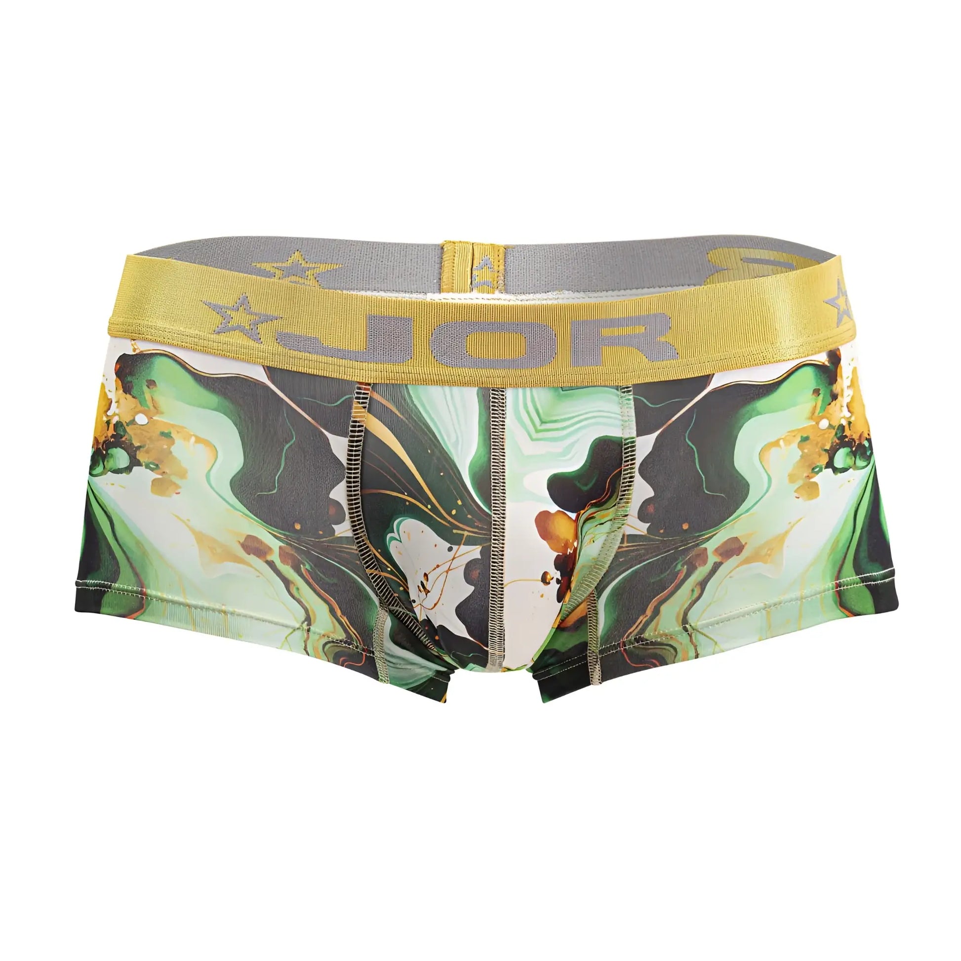 Vibrant green and black abstract marbled printed boxer briefs with yellow elastic waistband from jor 2080 dublin trunks