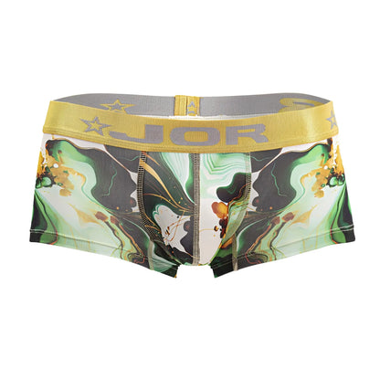 Vibrant green and black abstract marbled printed boxer briefs with yellow elastic waistband from jor 2080 dublin trunks