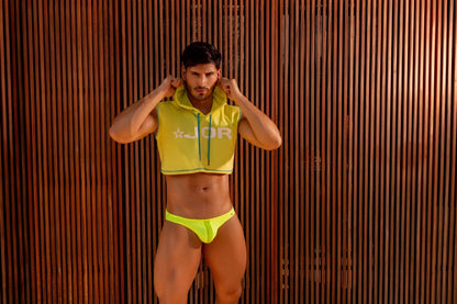 Bright yellow cropped hoodie with green zipper and jor logo on front from jor 2150 apolo bikini neon yellow collection