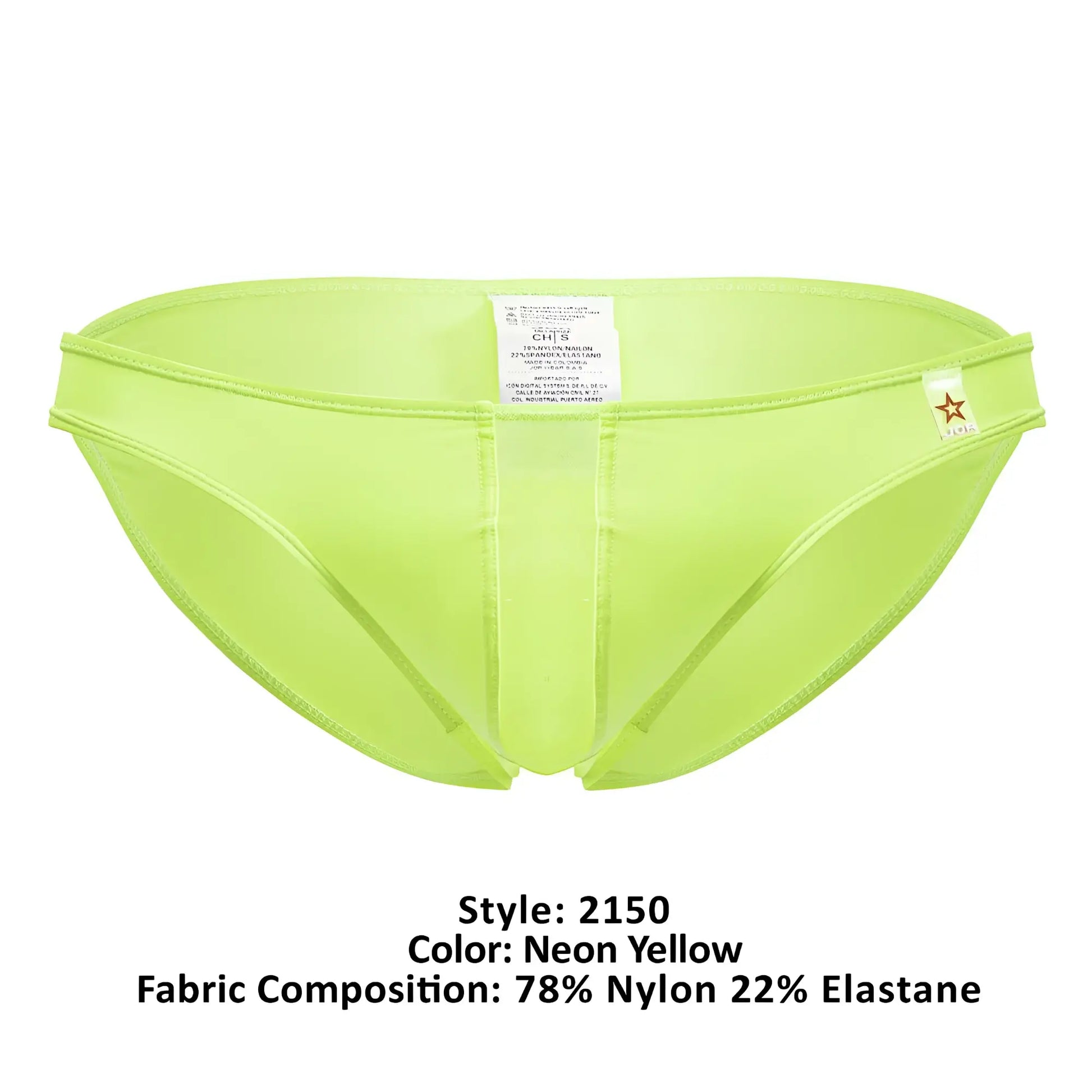 Neon yellow jor 2150 apolo bikini men’s swim trunks made of 78% nylon 22% elastane with sleek form-fitting design