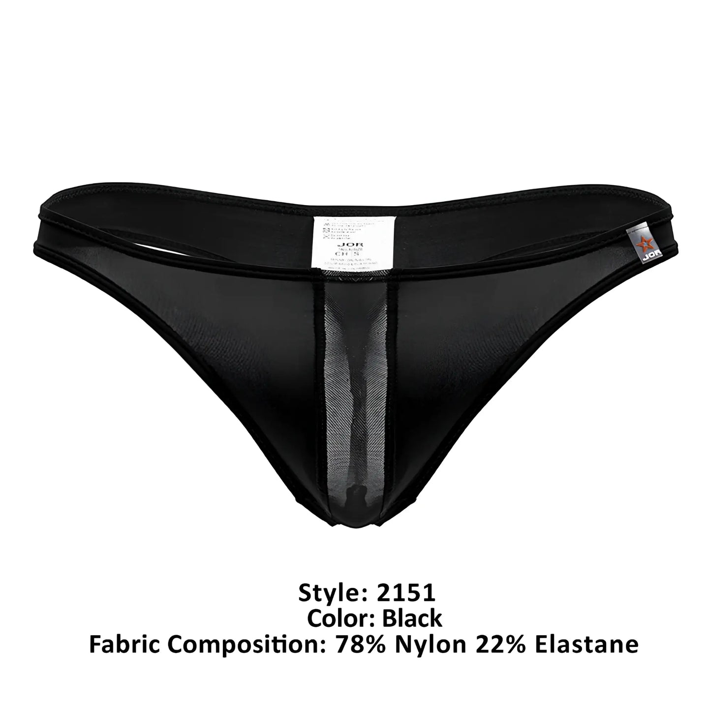 Black jor 2151 apolo thong with sheer mesh panel down center and elastic waistband showing front view