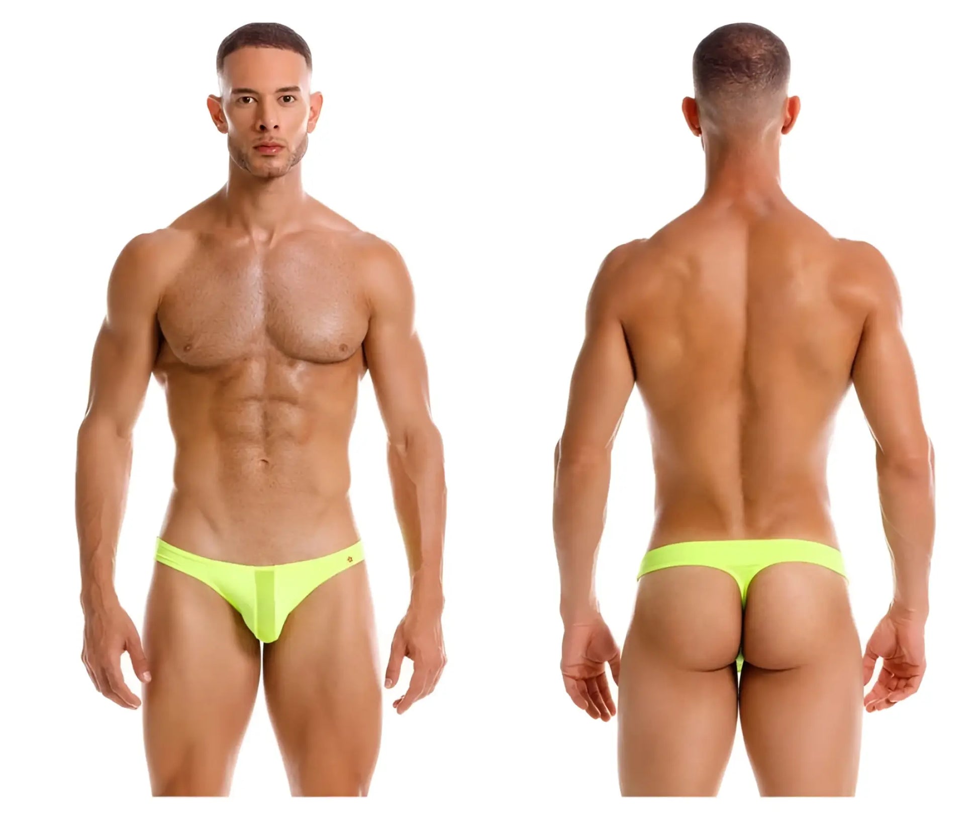 Neon yellow JOR 2151 Apolo thong briefs made of neon green stretchy fabric shown from the back side