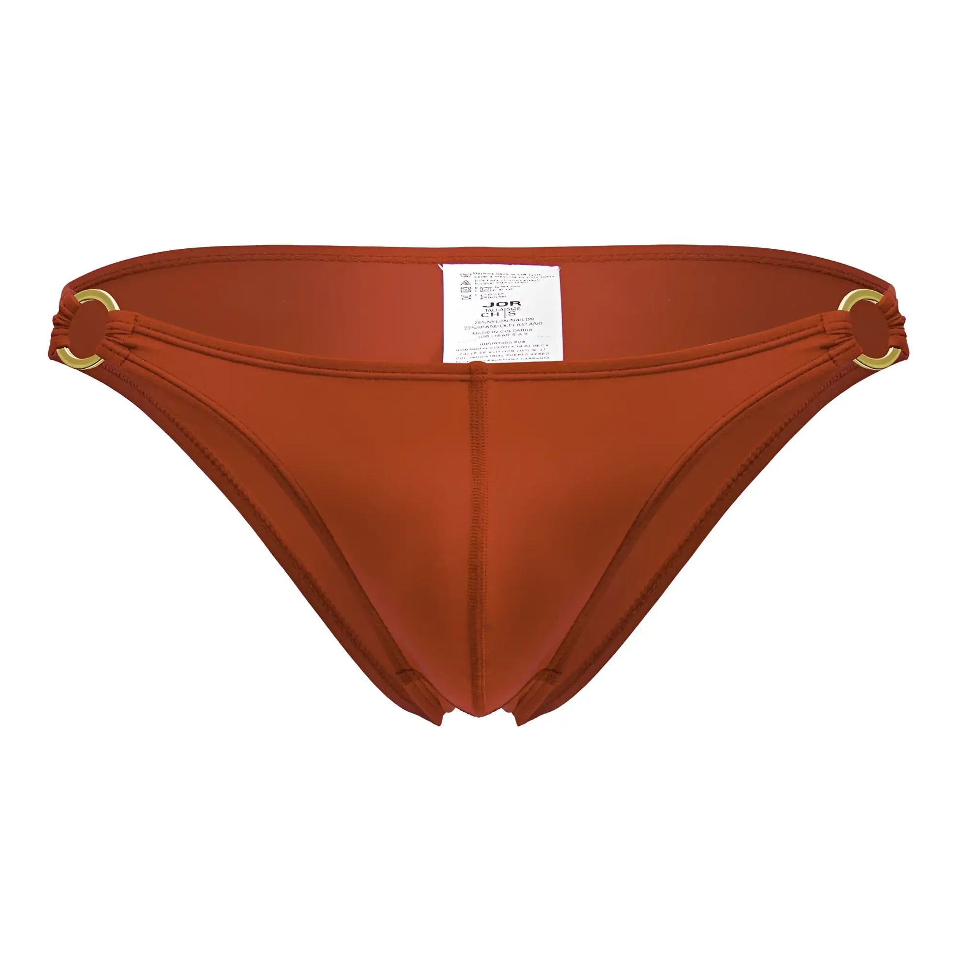 A sleek rust-orange jor 2152 magnus bikini bottom with gold-toned circular hardware at the sides