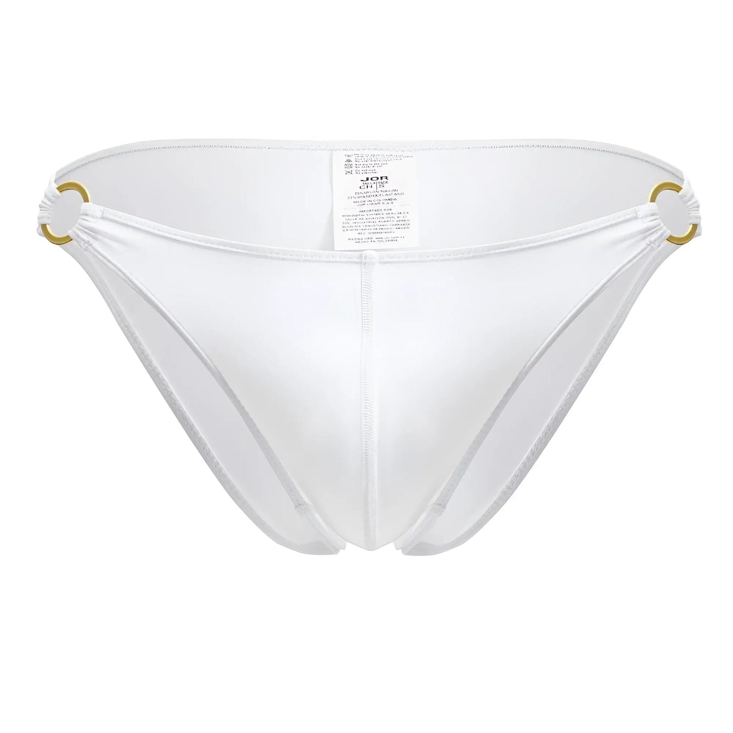 White sheer mesh bikini bottom with gold toned rings at the sides from jor 2152 magnus bikini collection