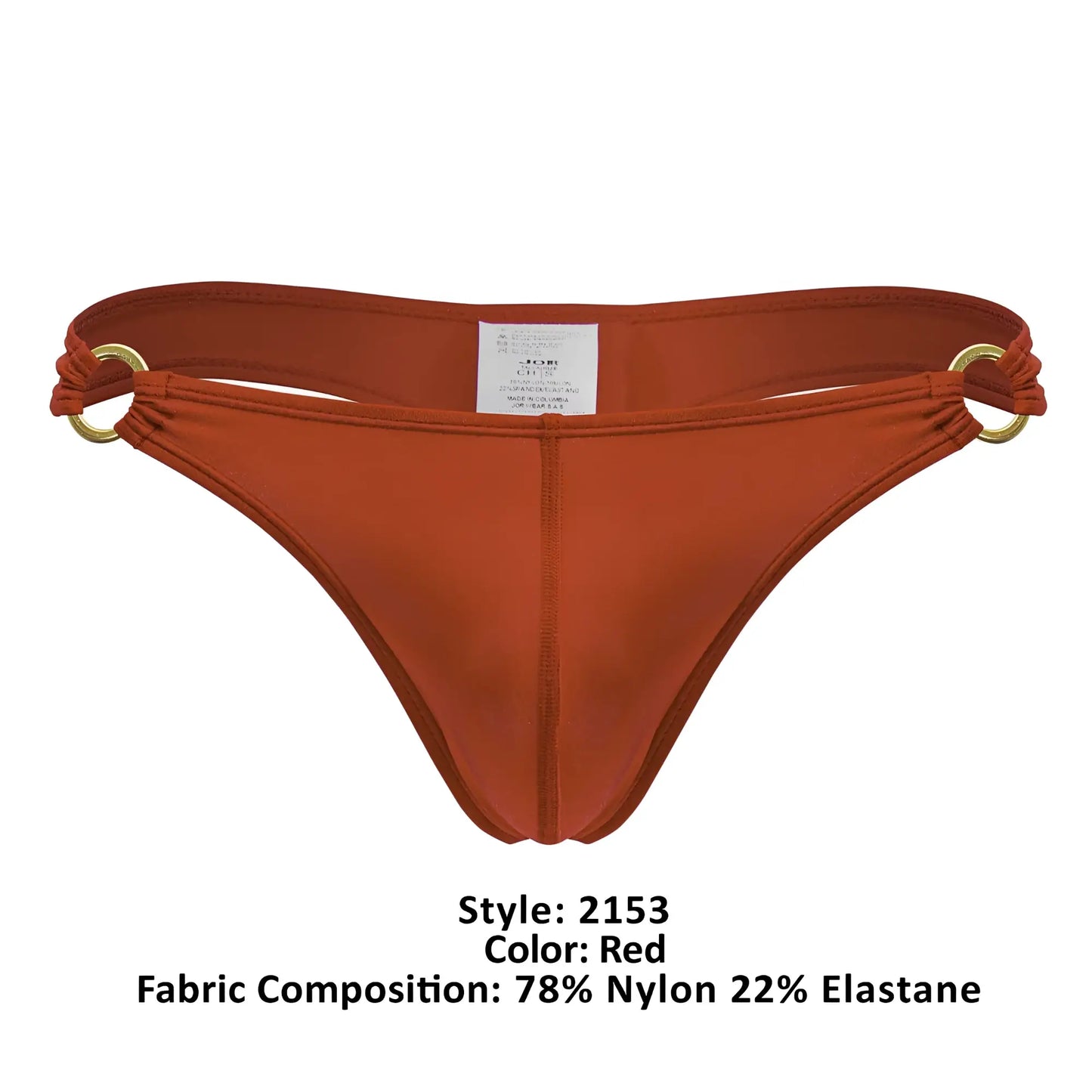 Red thong bikini bottom jor 2153 magnus with gold metal rings and stretchy nylon elastane fabric in red