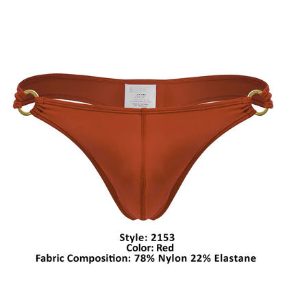 Red thong bikini bottom jor 2153 magnus with gold metal rings and stretchy nylon elastane fabric in red