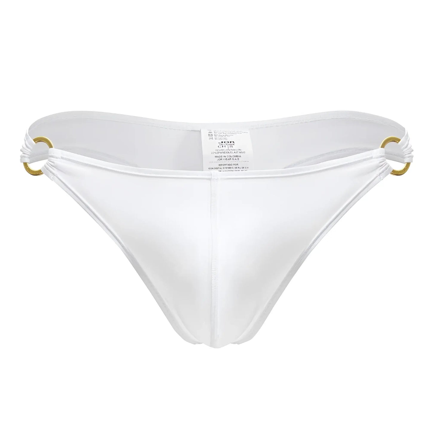 White men’s Magnus thong with gold-tone metal rings at sides in white color for stylish underwear wear