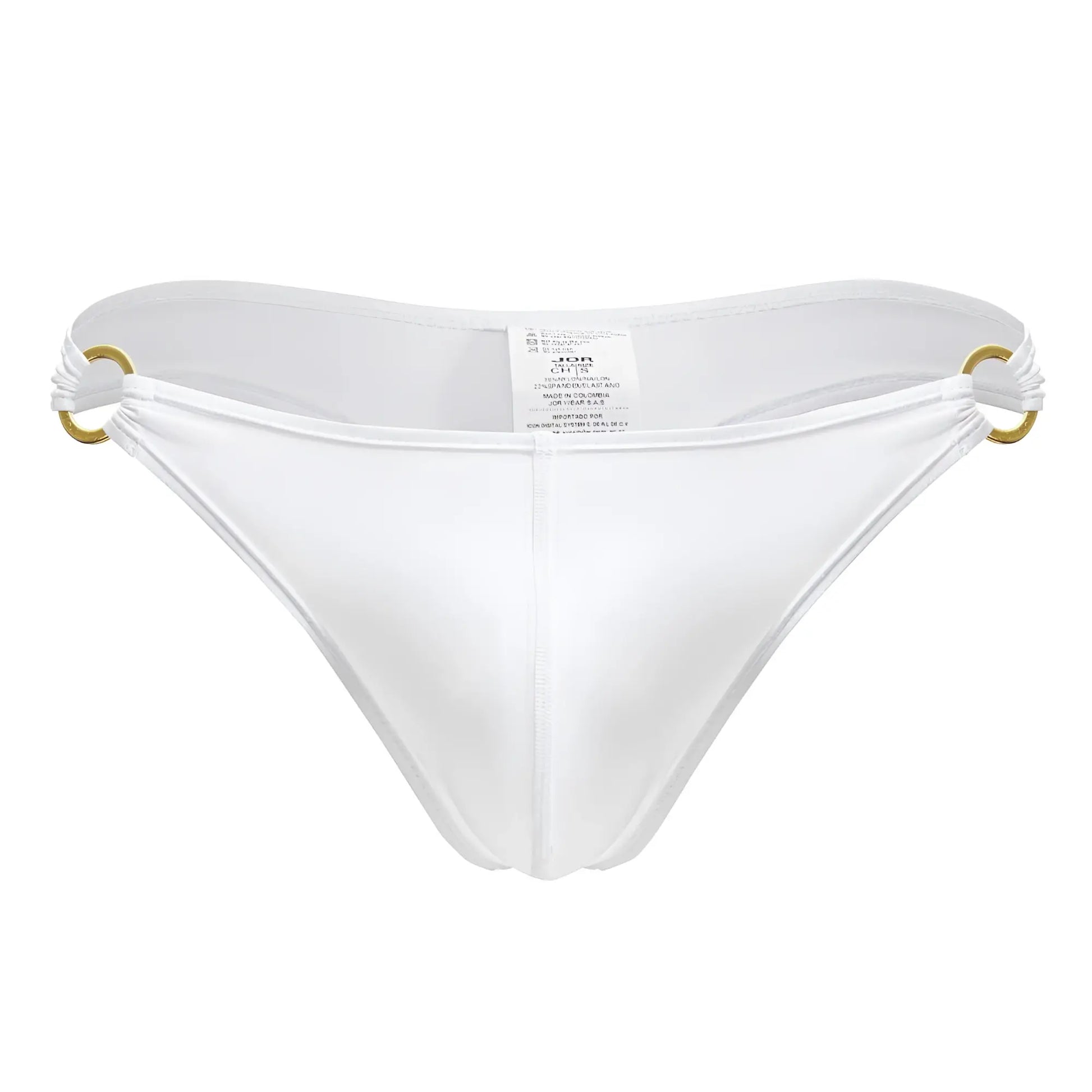 White men’s Magnus thong with gold-tone metal rings at sides in white color for stylish underwear wear