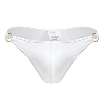 White men’s Magnus thong with gold-tone metal rings at sides in white color for stylish underwear wear