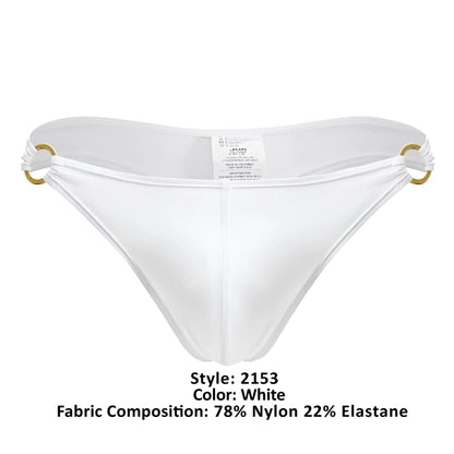 White mens thong jor 2153 magnus with gold-tone metal rings and smooth nylon elastane fabric in white