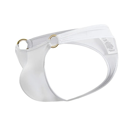 White satin-like fabric jor 2153 magnus thongs with gold-toned metal rings in white color front view